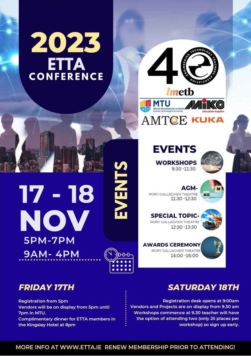 Important information for the weekend.
#Ettacon23 <a href="/MTU_ie/">Munster Technological University</a> <a href="/KUKA_IE/">KUKA_IE</a> <a href="/AmtceT/">AMTCE_Training</a> <a href="/lmetbfet/">LMETB Further Education and Training</a> <a href="/DonegalEtta/">Donegal ETTA</a> <a href="/area3rep/">Area 3 ETTA</a> <a href="/EttaArea1/">ETTA Area 1</a> <a href="/Area12etta/">ETTA Ireland Area 12</a> <a href="/Area9ETTA/">Area 9 ETTA</a> <a href="/Area2ETTA/">Area 2 ETTA</a> @