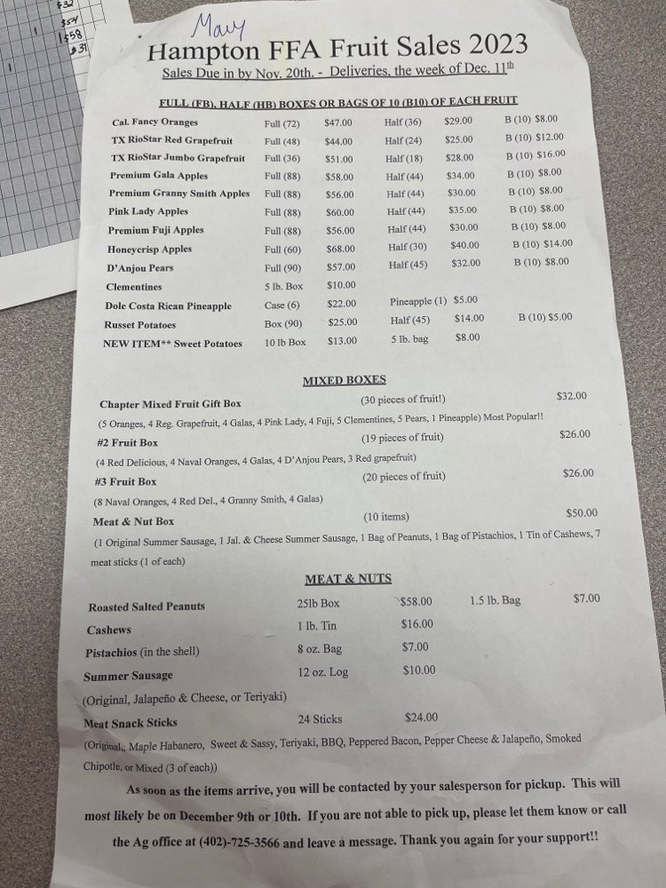 FFA fruits sales starts its last week of sales!  Talk to any FFA to get your fruit, nuts, meat products, or blankets ordered!.  Sales due on the 20th.