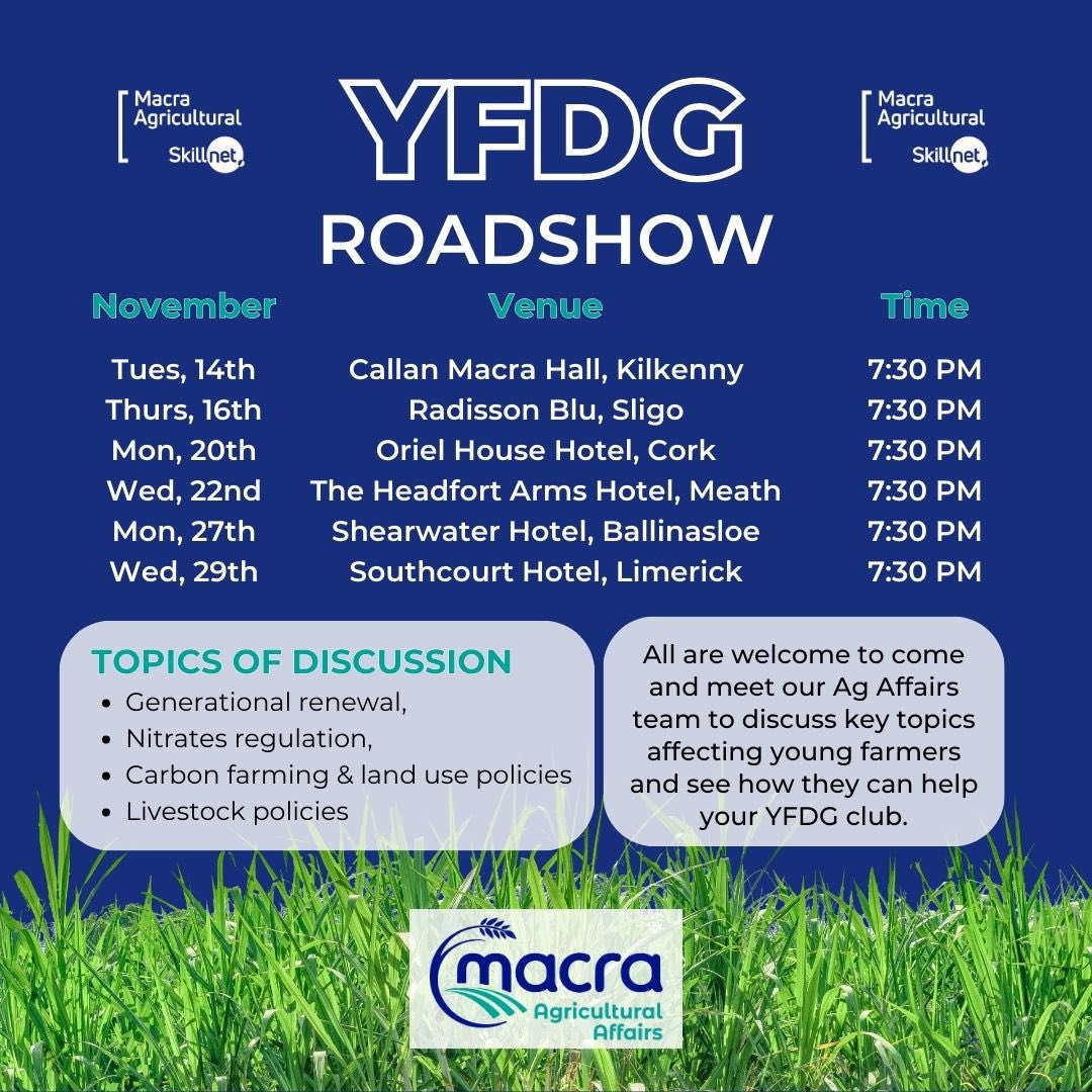 Our Young Farmer Development Group (YFDG) Roadshow starts tomorrow in Kilkenny! All are welcomed to attend. #Macra #MacraAgAffairs #YFDG @elainehula @MacraSkillnet