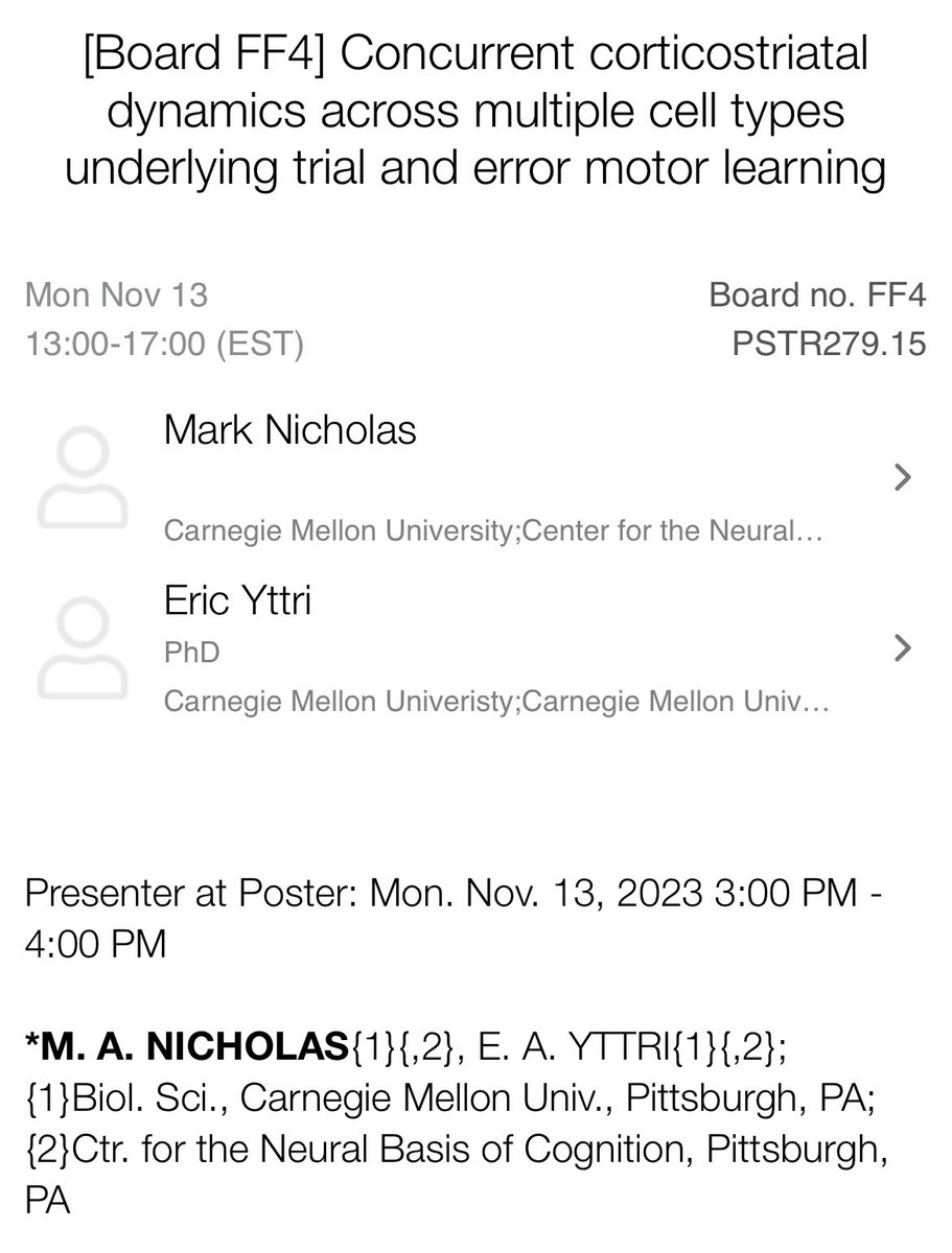 Mark A Nicholas (@markolas11) on Twitter photo Hey if you are at #SfN2023 and interested in multi area cell type specific electrophysiology during trial and error learning come check out my poster
<a href="/YttriLab/">The Yttri Lab</a> <a href="/SfNtweets/">Society for Neuroscience (SfN)</a> Hey if you are at #SfN2023 and interested in multi area cell type specific electrophysiology during trial and error learning come check out my poster
<a href="/YttriLab/">The Yttri Lab</a> <a href="/SfNtweets/">Society for Neuroscience (SfN)</a>