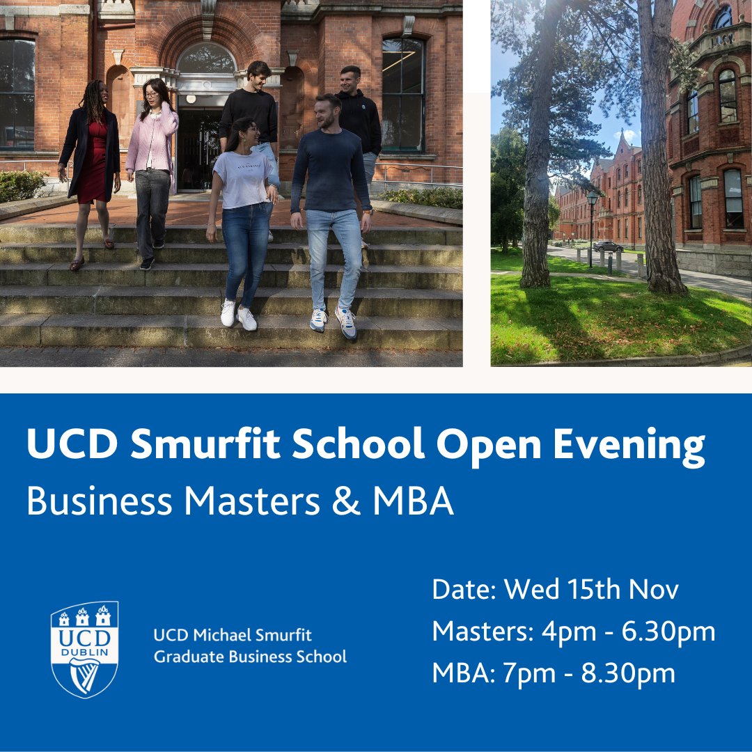 Thinking of doing a business Masters or MBA? Come and chat with us at the UCD Smurfit School Open Evening on Wednesday, November 15th. Register here: events.smurfitschool.ie/openeveningnov… #ucdbusinessalumni #ucdalumni #smurfit