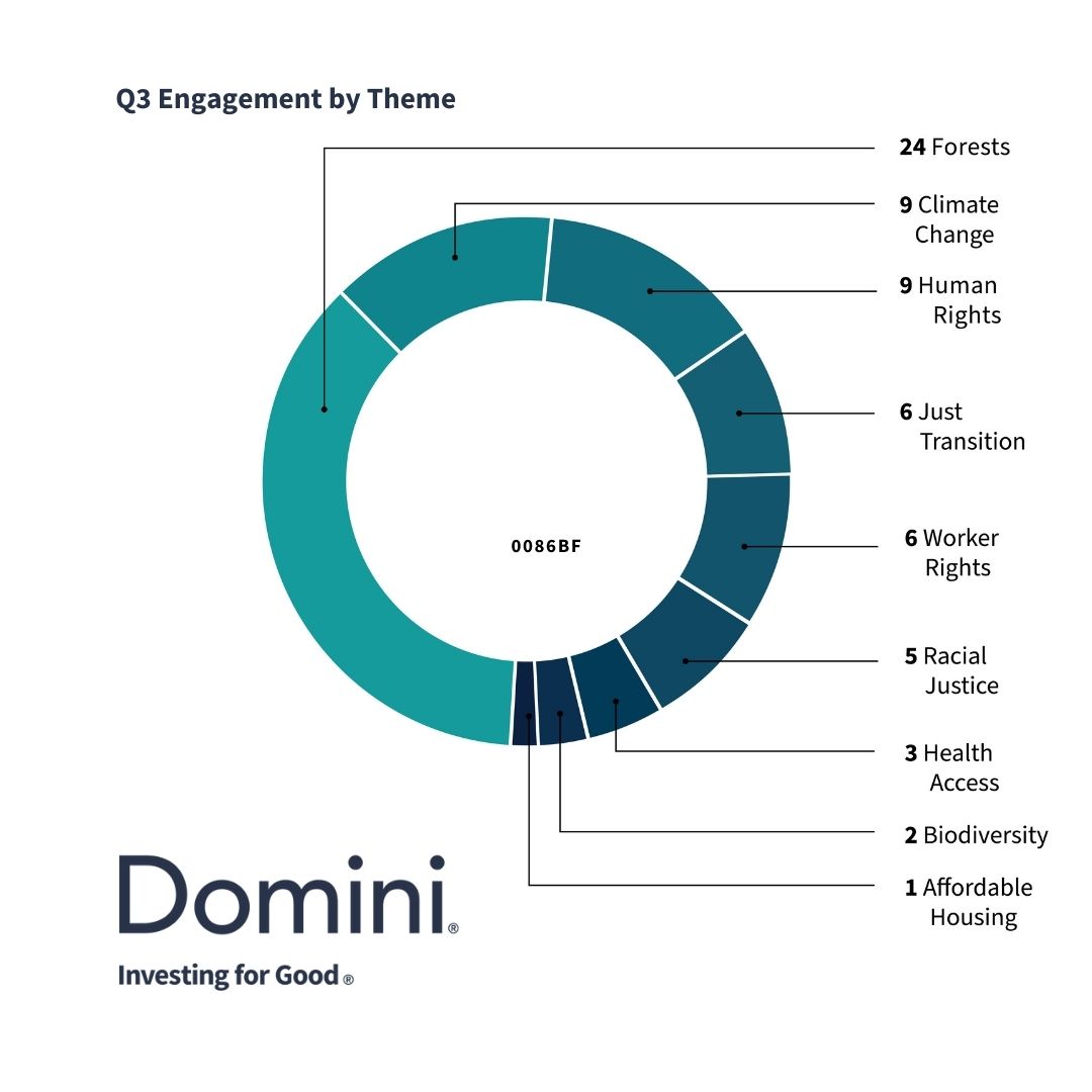 In alignment with our investment standards, we engage with several of our portfolio companies each quarter encouraging them to improve disclosure, have more socially responsible practices, and address emerging sustainability issues.

 Featured is a breakdown of our Q3 engagements