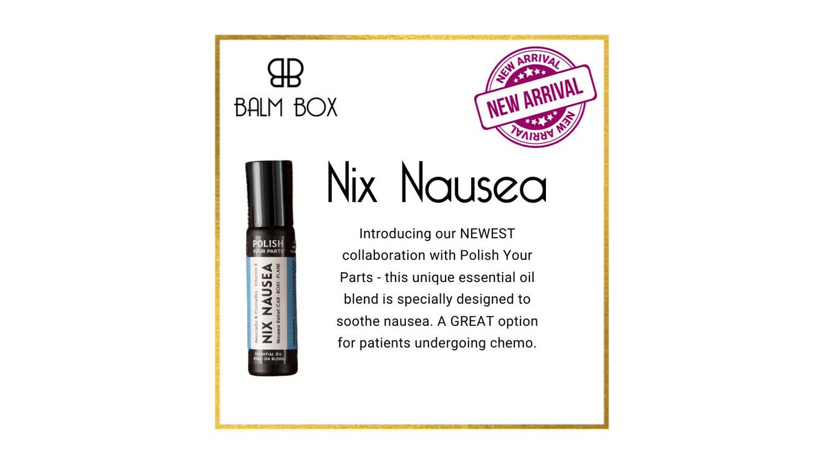 BoxBalm's tweet image. Our latest collaboration with Polish Your Parts introduces a unique essential oil blend for relieving nausea, especially beneficial for chemotherapy patients. Experience the soothing effects of this specially formulated blend today. Shop now at: buff.ly/3QR8ave