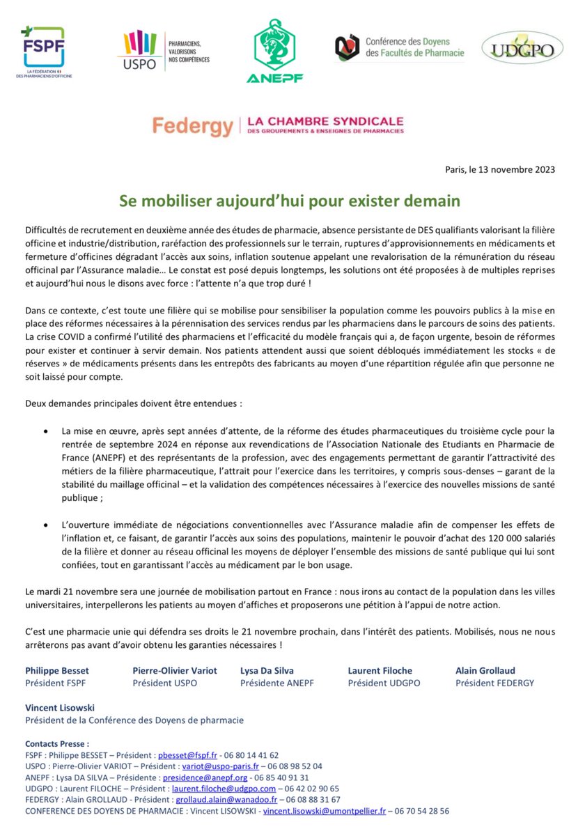 Le mardi 21 novembre sera une journée de mobilisation partout en France : nous irons au contact de la population dans les villes universitaires, interpellerons les patients au moyen d’affiches et proposerons une pétition à l’appui de notre action. 

C’est une pharmacie unie qui