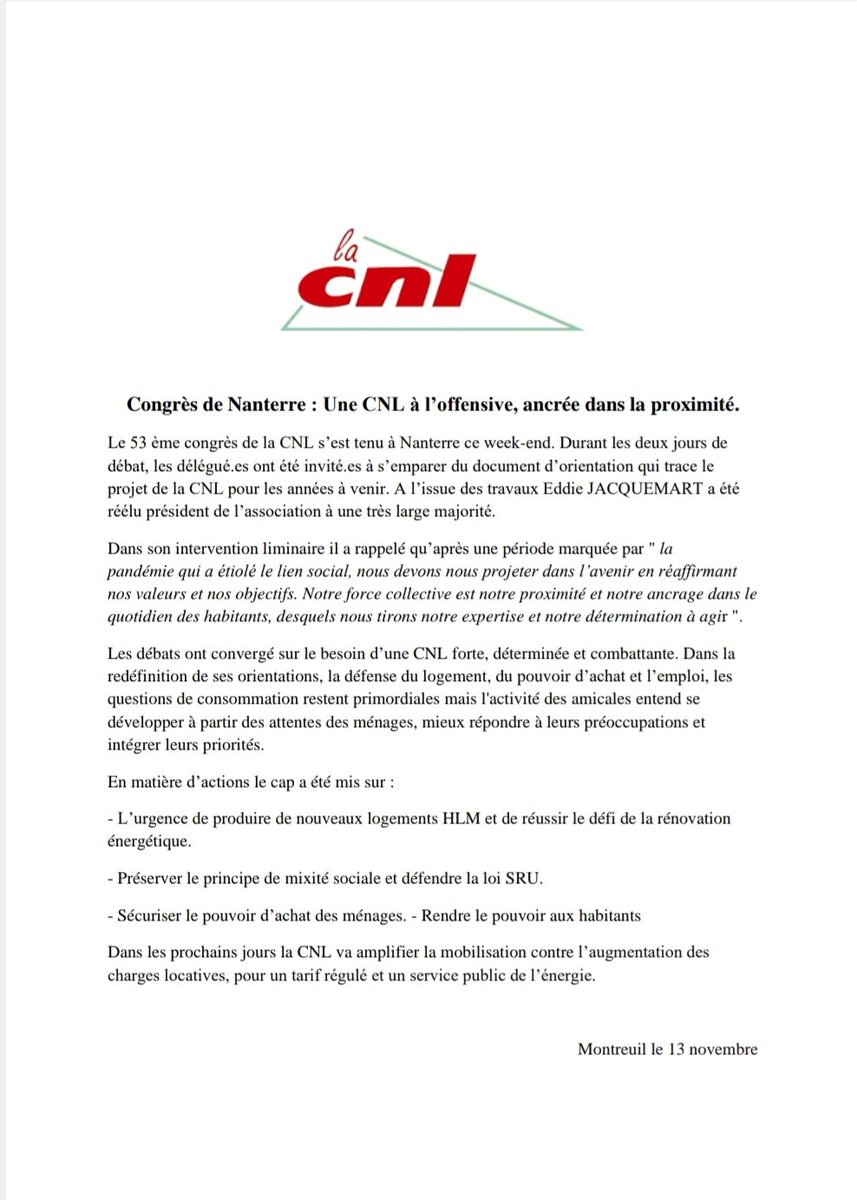#53emecongres Une #CNL à l'offensive, ancrée dans la proximité!
 #mixitésociale #NON à la hausse des charges locatives #tarifregulé de l'énergie #Réengagement de l'Etat dans l'aide à la pierre   ⬇️