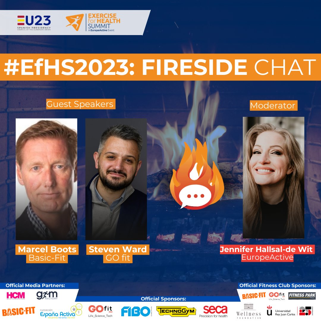 🔥 #EfHS2023's must-see Fireside Chat! Join Steven Ward, Marcel Boots, and Jennifer Halsall-de Wit for a dynamic talk on fitness and public health. 🌟 A conversation that shapes the future! 🔗 europeactive.eu/event/efhs #FitnessLeaders #HealthInnovation #EuropeActive #Madrid