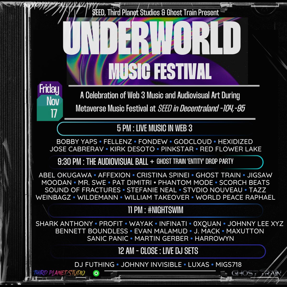 📣Announcing UNDERWORLD MUSIC FESTIVAL An Epic Virtual Music Event celebrating Web 3 Music & Audiovisual Art During Decentraland Music Festival 🔷This Friday, Nov 17 at SEED 5pm - 1am EST 44 Artists. 4 events. Live Music, A/V Showcases & DJ Sets More details in the thread 👇