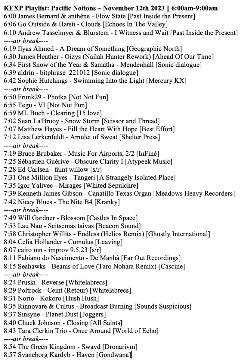 'Pacific Notions' ~ Nov 12th 2023 🌊💙 Stream before Nov 26th: bit.ly/47uKzWD ...or from the @kexp app 🎶 3 hours of blissful new music, incl. fresh sounds via @shelter_press @krankyltd @asip @Pastinside @whitedseprecs @LEAVINGRECORDS @ghostly @CastlesInSpace + more 📻