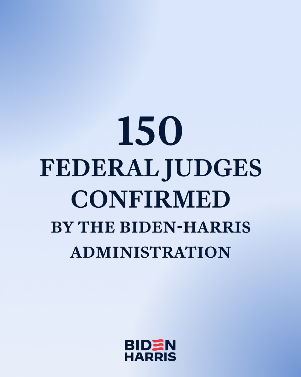 JoeBiden's tweet image. I’m proud to say we’ve reached an important milestone: the confirmation of 150 life-tenured federal judges since I took office. 

All of these men and women are highly qualified, faithful to the rule of law, dedicated to the Constitution, and reflect the diversity that is our…