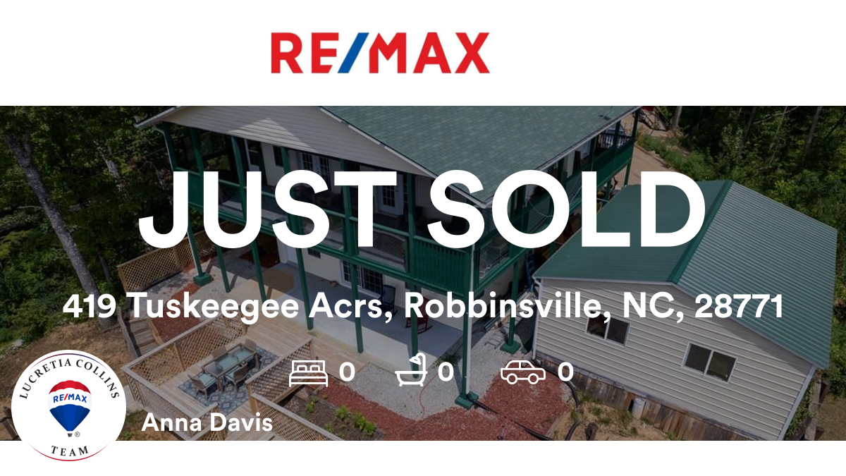 📍 419 Tuskeegee Acrs, Robbinsville, NC, 28771

My latest sale on RateMyAgent.
 400548
rma.reviews/rTA2ejGwce8N

#LucretiaCollinsTeam #realestate #REMAXTownandCountry