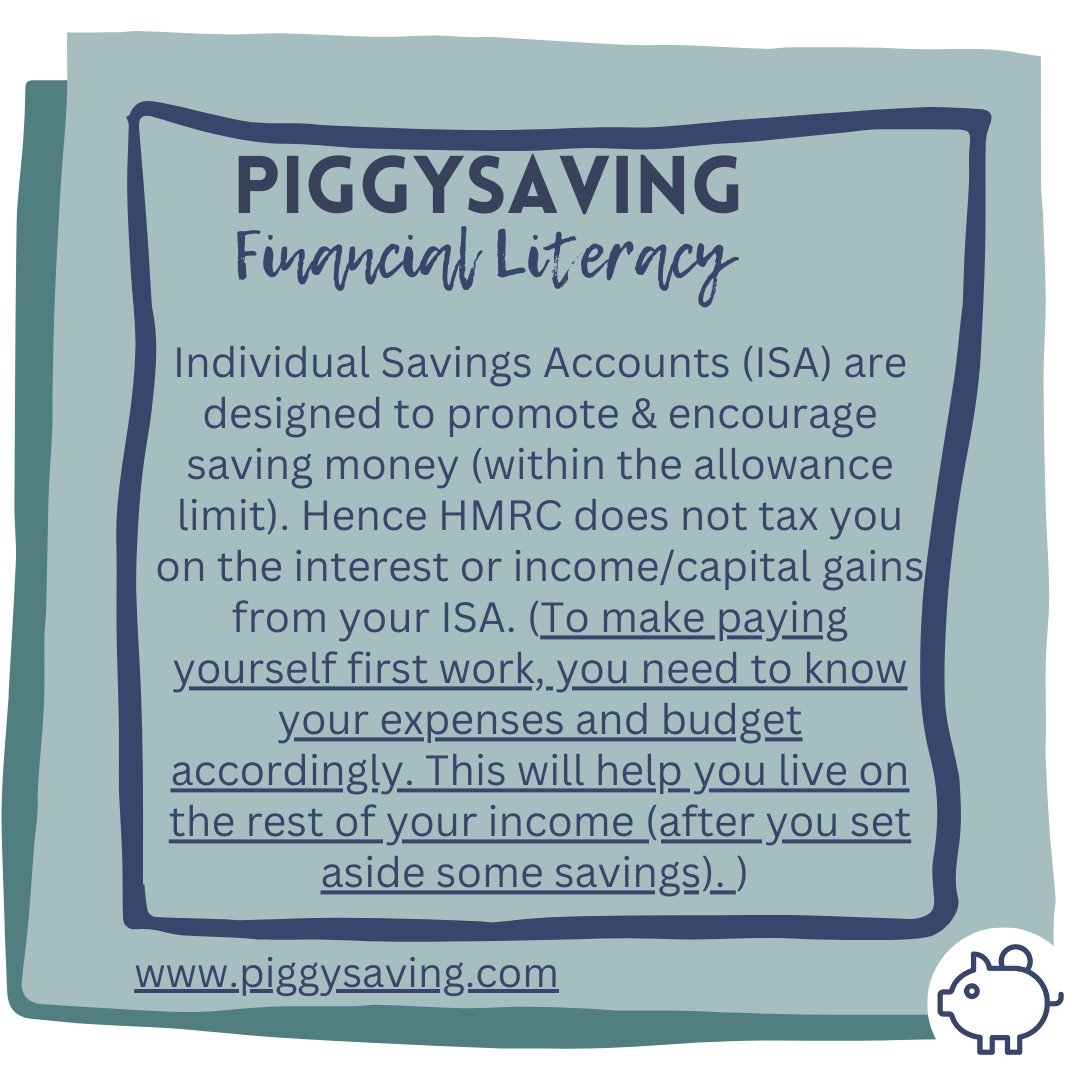 Individual Savings Accounts (ISA) are designed to promote &amp; encourage saving money (within the allowance limit).  Hence HMRC does not tax you on the interest or income/capital gains from your ISA. (gov.uk/individual-sav…) #isa #savingoptions #financialliteracy