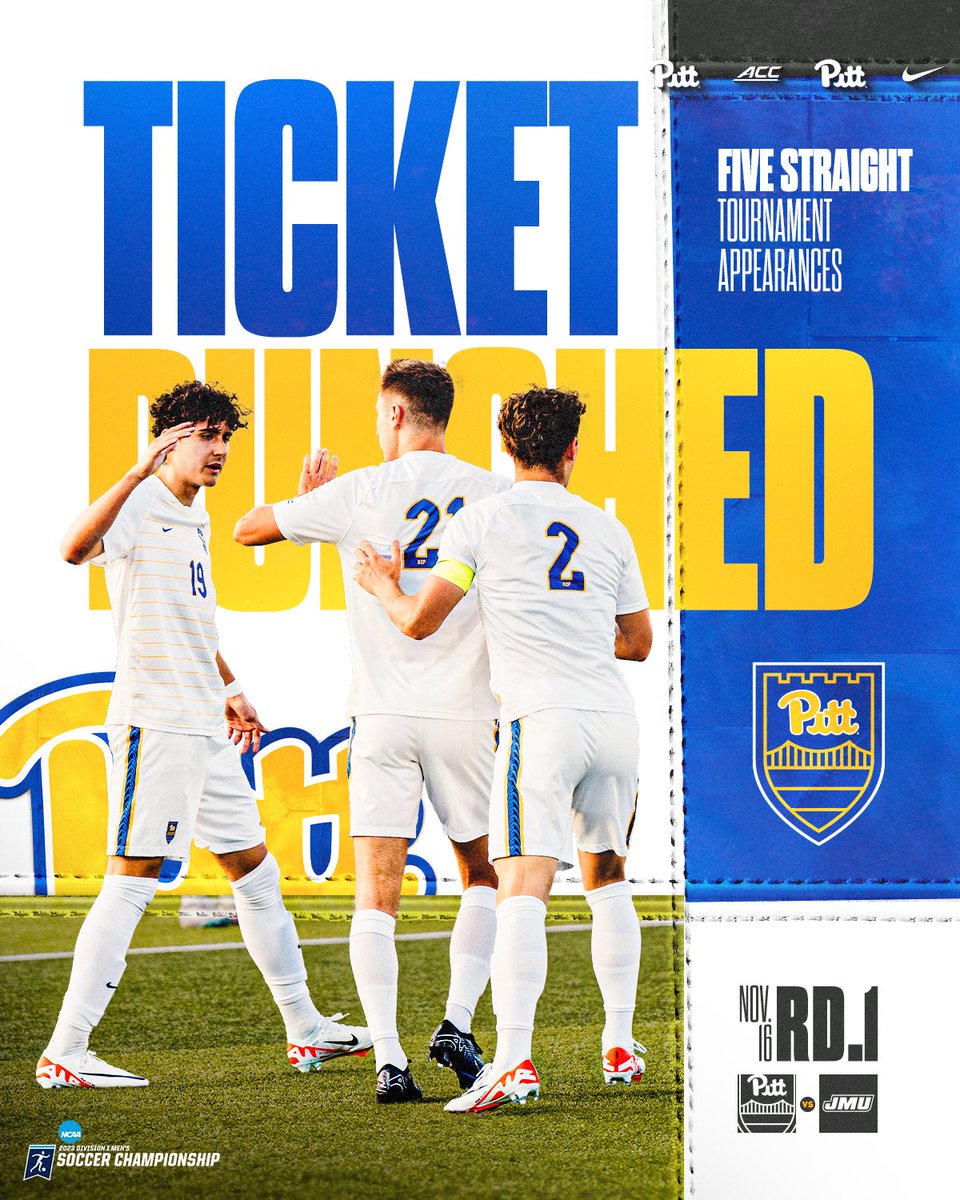 Pitt_MSOC's tweet photo. WE’RE IN‼️

For the fifth straight season we will compete in the NCAA Championship 🕺

🆚 James Madison
🗓️ Thursday, Nov. 16

#H2P https://t.co/qz8B18450h