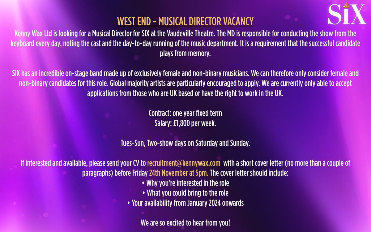 ✨ MUSICAL DIRECTOR VACANCY ✨

Come work with <a href="/joebeighton/">Joe Beighton</a> and me <a href="/sixthemusical/">SIX 👑</a> 🎼