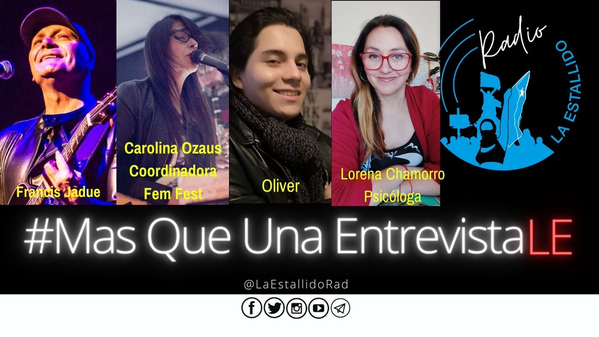 LaEstallidoRad's tweet photo. Este martes, tenemos una nueva sesión de #MásQueUnaEntrevistaLE en #LaEstallido
Nos encontramos con #FrancisJadue, compositor; #CarolinaOzaus, coordinadora del #FemFest; #Oliver cantante nacional y @Lore_Sol_Ch Psicóloga.
Desde 19:00 hrs. se escucha acá:
https://t.co/h84W1WCNQo https://t.co/u8IIjhdWh0