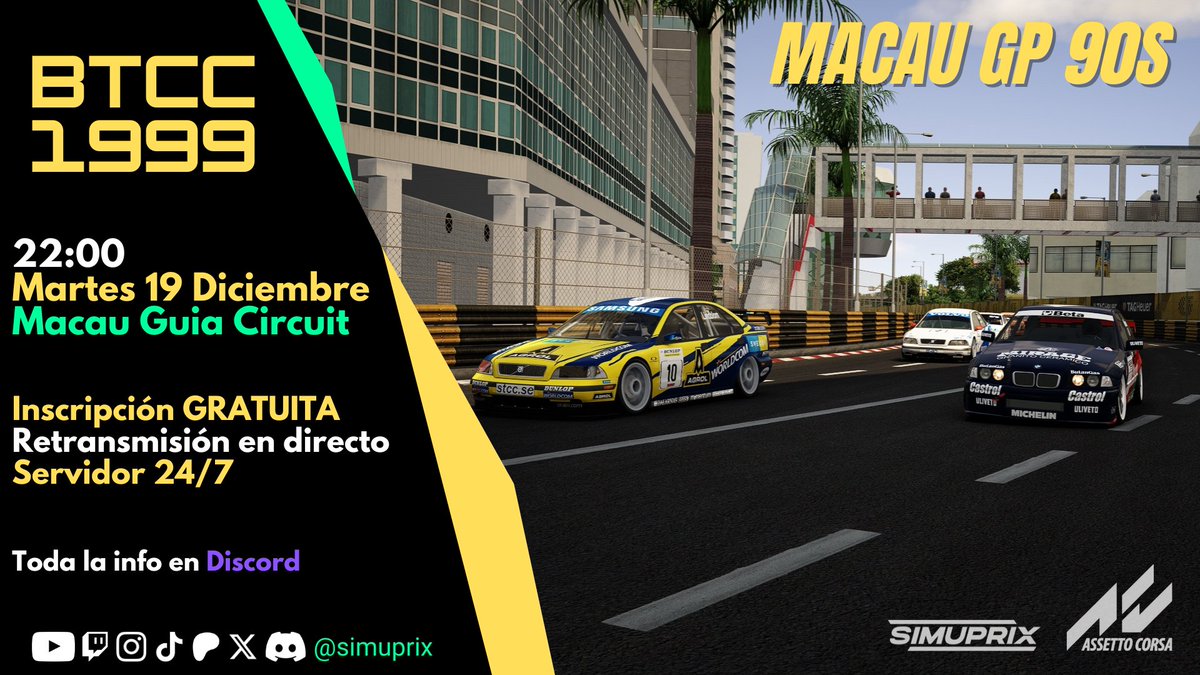 ⚠️ YA ESTÁ AQUÍ ⚠️

Os presentamos el Macau GP 90s, el evento de fin de año donde os mostraremos todas las novedades de 2024 con un combo espectacular en Assetto Corsa.

🗓️ 19/12/2023

Toda la ℹ️ en tinyurl.com/wyse8v2a

➡️ discord.gg/KA3HX3cuYK