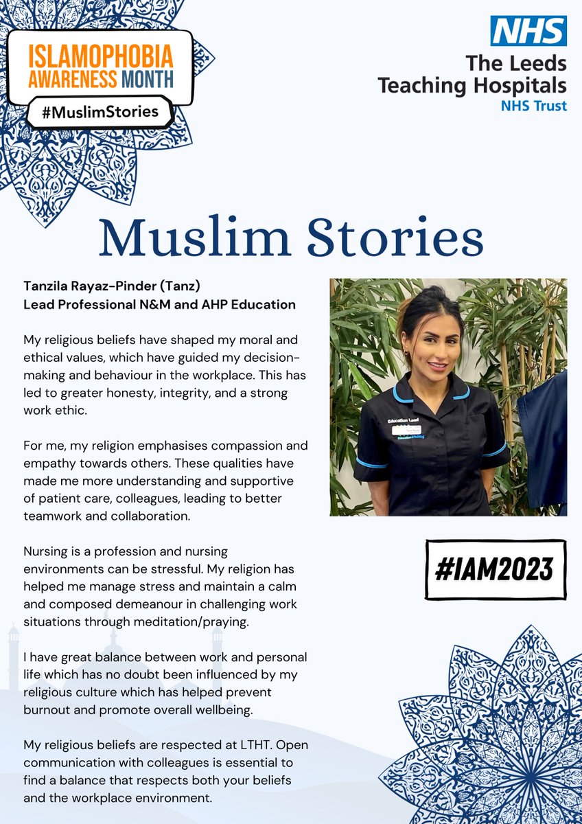 'My religion has helped me manage stress and maintain a calm and composed demeanour in challenging work situations through meditation/praying.' November is Islamophobia Awareness Month & we're sharing some #MuslimStories. Today Tanz shares her insights. #IAM2023