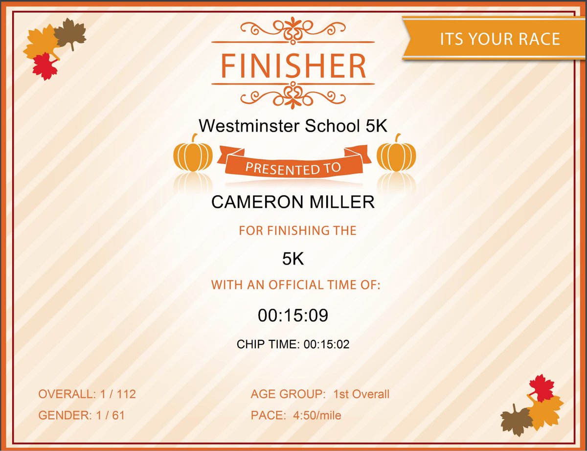 RacePacket's tweet image. Finisher certificates for the Westminster School 5K are now available for downloading at westminsterschool5k.itsyourrace.com