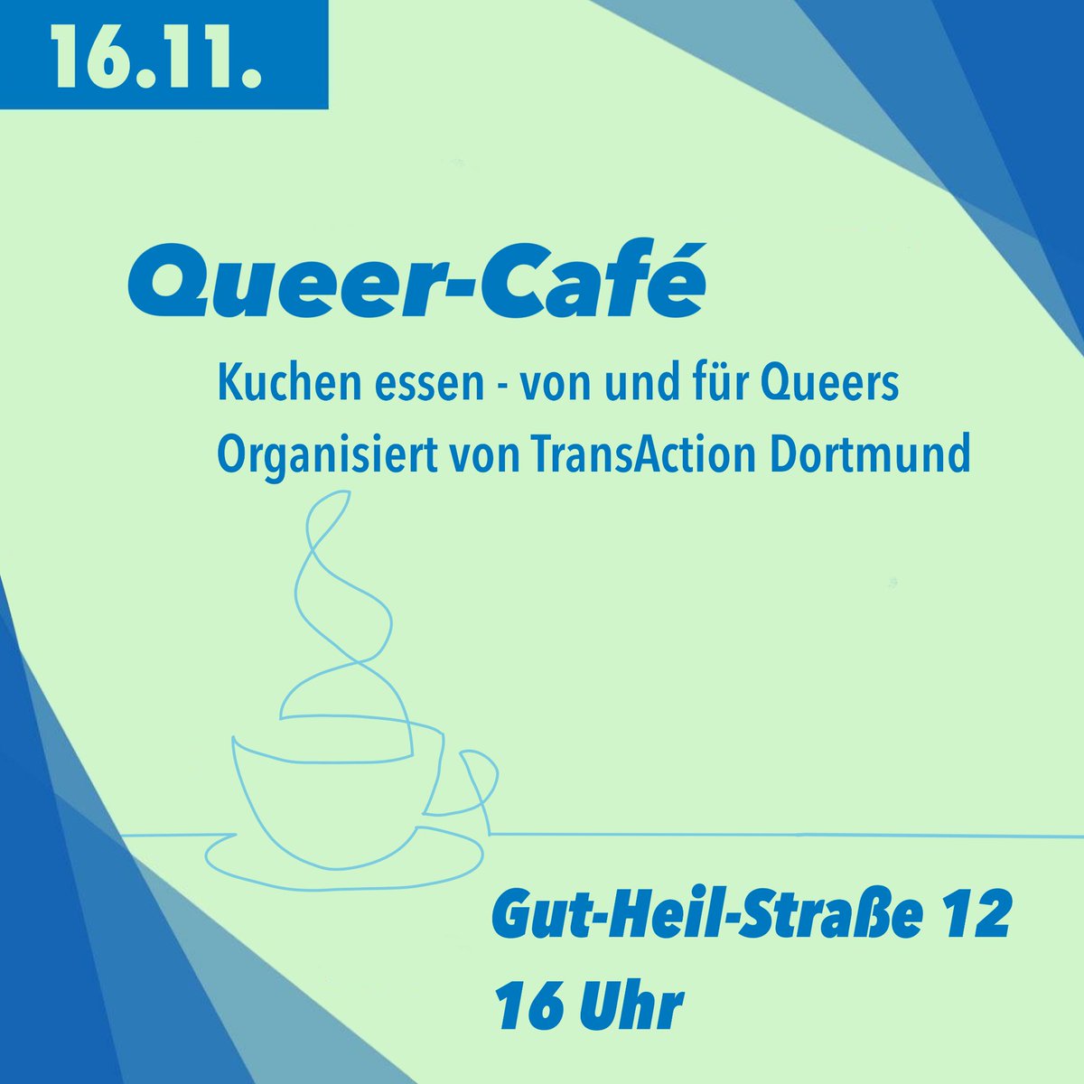 TransAction Dortmund (@transactiondort) on Twitter photo Du magst Kuchen, Kakao, Kaffee oder einfach nette und queere Gesellschaft?
Wir von TransAction Dortmund haben genau das! Wir veranstalten am 16. November ein Queer-Café im <a href="/soez_dortmund/">SÖZ Dortmund</a> und freuen uns auf ein paar gemütliche Stunden zusammen! Du magst Kuchen, Kakao, Kaffee oder einfach nette und queere Gesellschaft?
Wir von TransAction Dortmund haben genau das! Wir veranstalten am 16. November ein Queer-Café im <a href="/soez_dortmund/">SÖZ Dortmund</a> und freuen uns auf ein paar gemütliche Stunden zusammen!