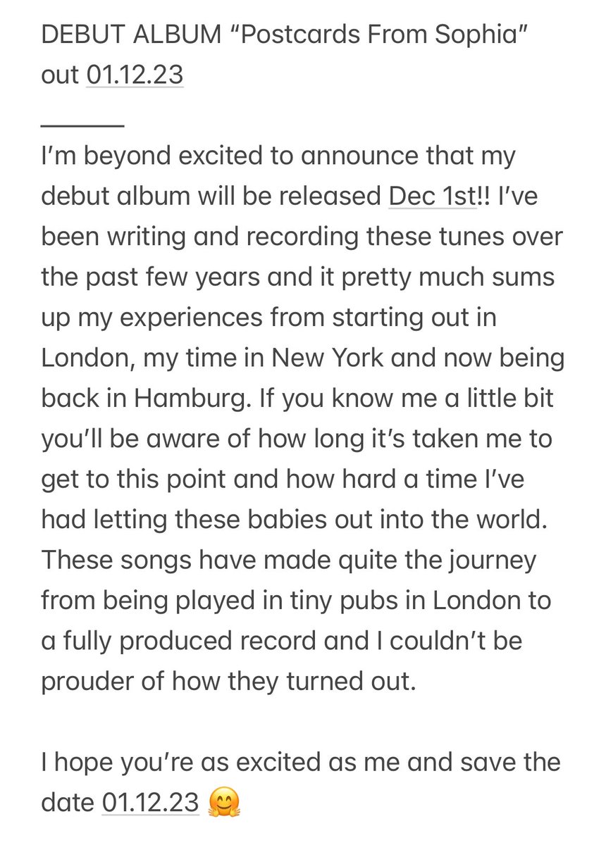 DEBUT ALBUM “Postcards From Sophia” out 01.12.23