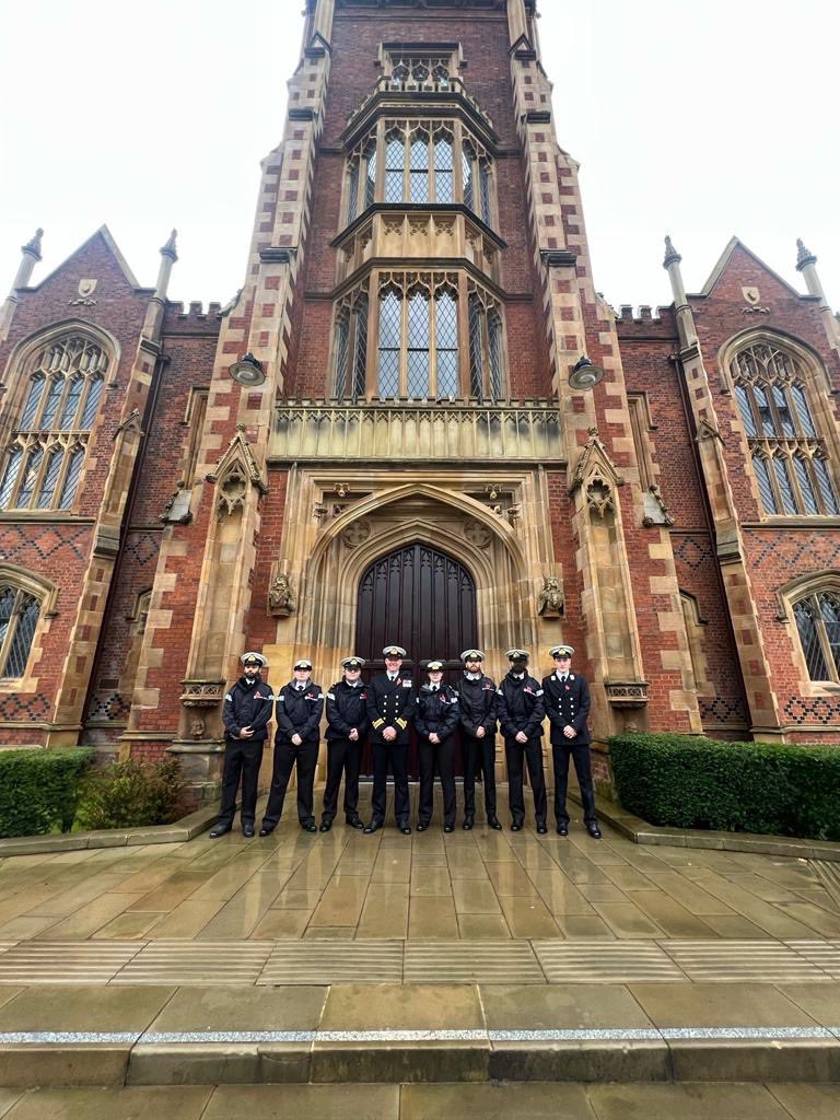 URNU Belfast represented the Royal Navy in four serials over two days last weekend, including at @QUBelfast Cenotaph outside the Black and White hall. We are proud of the conduct and bearing of our Officer Cadets as they remembered those still on patrol.