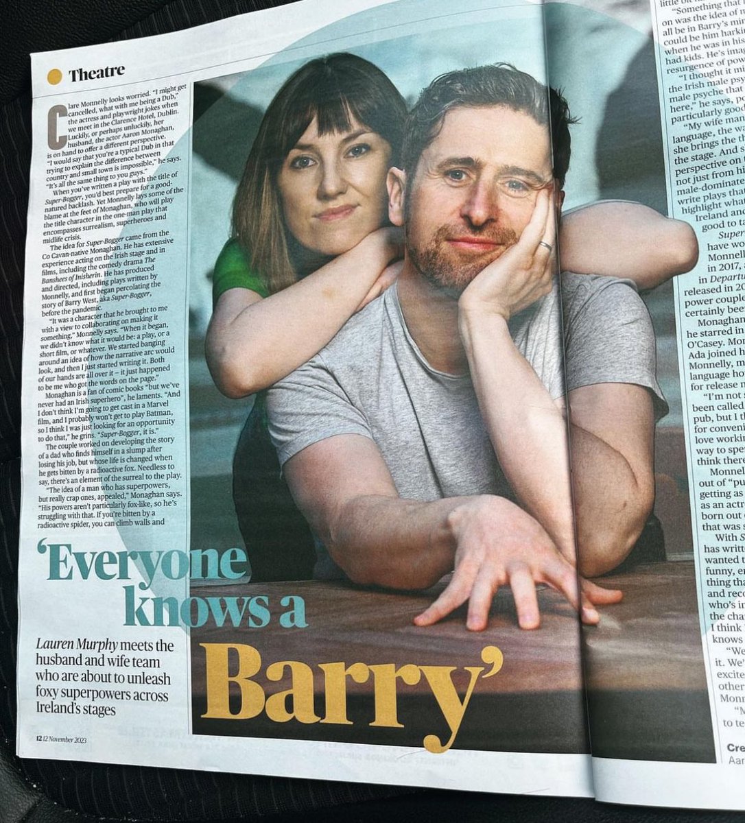 Wonderful interview with our 2022 Maven @ClareMonnelly alongside her husband Aaron Monaghan in The Sunday Times yesterday talking about their new show Super-Bogger! ⭐️✏️
