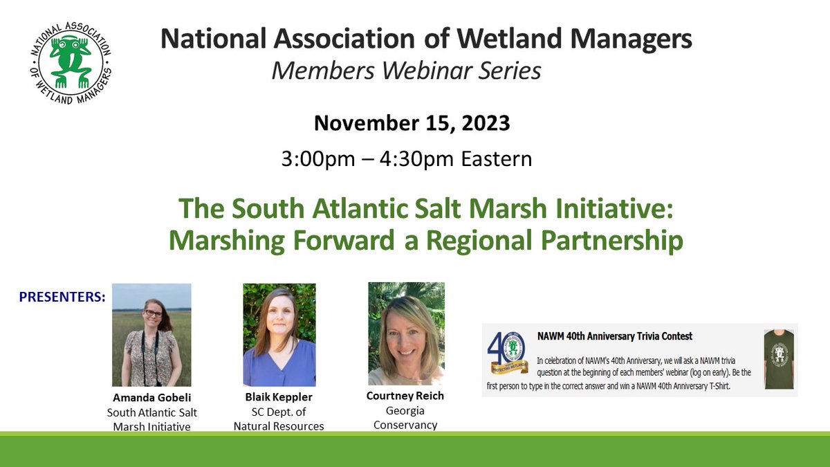 NAWMCommunicate's tweet image. NAWM Members - have you registered for this week's Members' Webinar? 

The South Atlantic Salt Marsh Initiative: Marshing Forward a Regional Partnership

Wednesday, November 15, 2023 - 3:00 p.m.-4:00 p.m. Eastern 

nawm.org/nawm/nawm-cate…