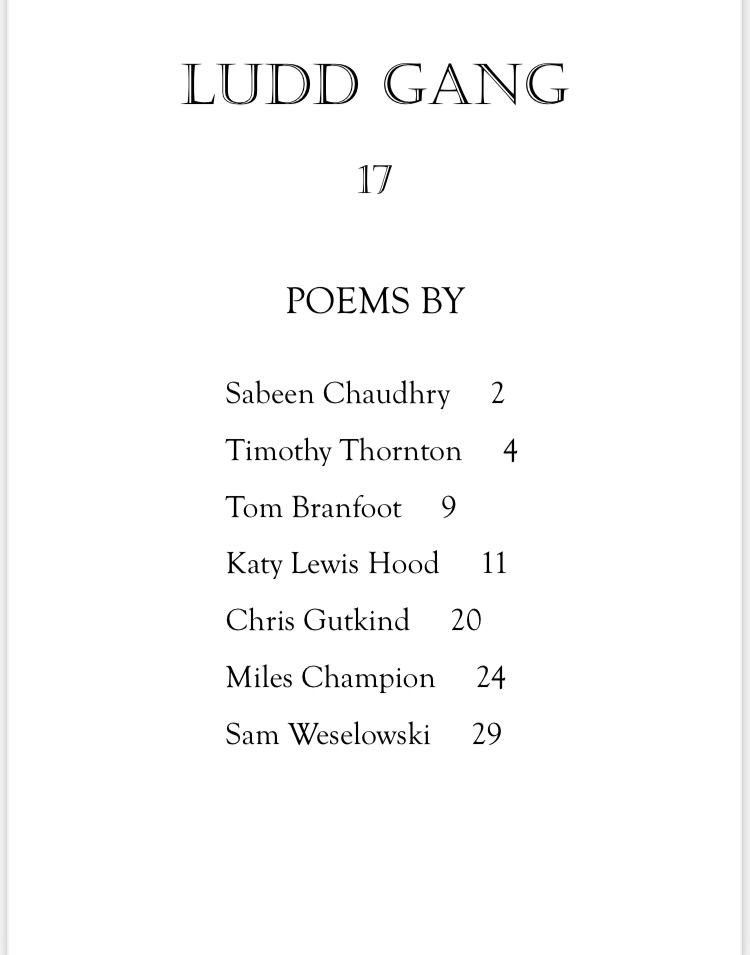 LUDD GANG 17 SHIPPING NEXT WEEK Poems: Sabeen Chaudhry @SabeenChaudhry_ Timothy Thornton @HINIONGE Tom Branfoot @tombranfoot Katy Lewis Hood @mossish_ Chris Gutkind Miles Champion Sam Weselowski @weirdaffect buy and subscribe at poetshardshipfunduk.com or DM us