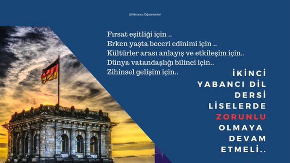 Yabancı dil öğretimi süreklilik arz etmesi sebebiyle yeni değişiklik ile kaldırılan Almanca derslerinin ortaokul 5,6,7 ve liselerde de 9,10,11. sınıf dahil olmak üzere zorunlu olmasını istiyoruz, Sayın Bakanım <a href="/Yusuf__Tekin/">Yusuf Tekin</a> 
<a href="/tcmeb/">Millî Eğitim Bakanlığı</a>  
#AlmancasizOlmaz