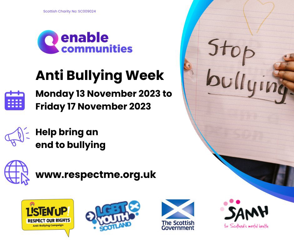 Enable are proud to be on <a href="/_respectme_/">respectme - Scotland's Anti-Bullying Service</a>'s campaign map as supporters of #AntiBullyingWeek.
We are calling on everyone to #ListenUp and take steps to respect the #rights of all children and #YoungPeople. Find out more:👇
respectme.org.uk/campaigns/list…