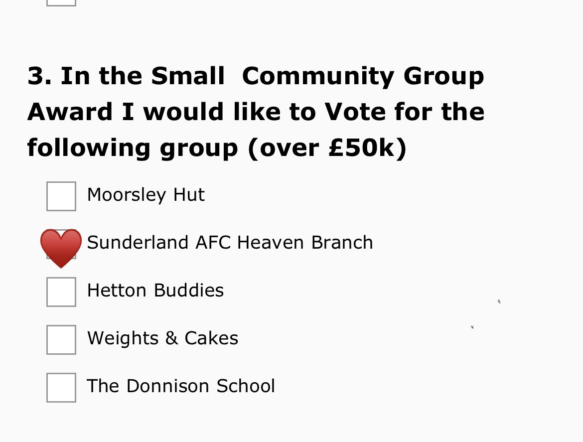 The <a href="/SunderlandAFC/">Sunderland AFC</a> Heaven Branch have been nominated for a local community award!!!
We would appreciate your shares &amp; votes on this link 🙏🏻♥️ We are section 3 - small community group…..

surveymonkey.co.uk/r/YFRWWT9