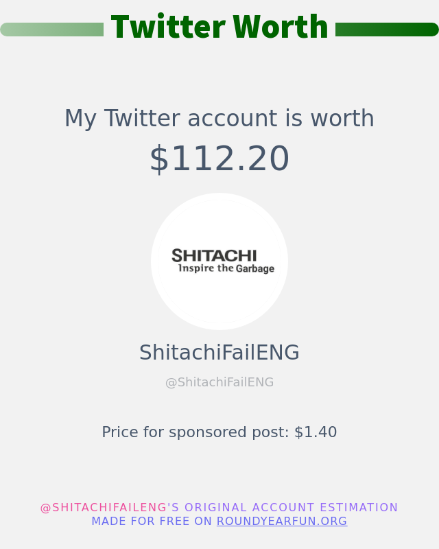 ShitachiFailENG's tweet image. My Twitter worth is: $112.20

➡️ funxgames.me/twitterworth