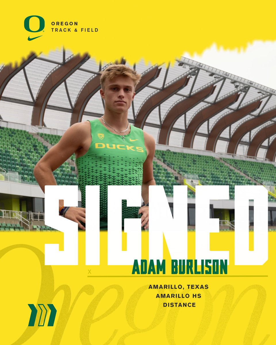 From Texas 👉 Eugene

Adam Burlison
Amarillo, Texas
Amarillo HS

Burlison PBs👀
Mile - 4:03.85
3200m - 8:54.47

Welcome to The Flock, Adam! #GoDucks