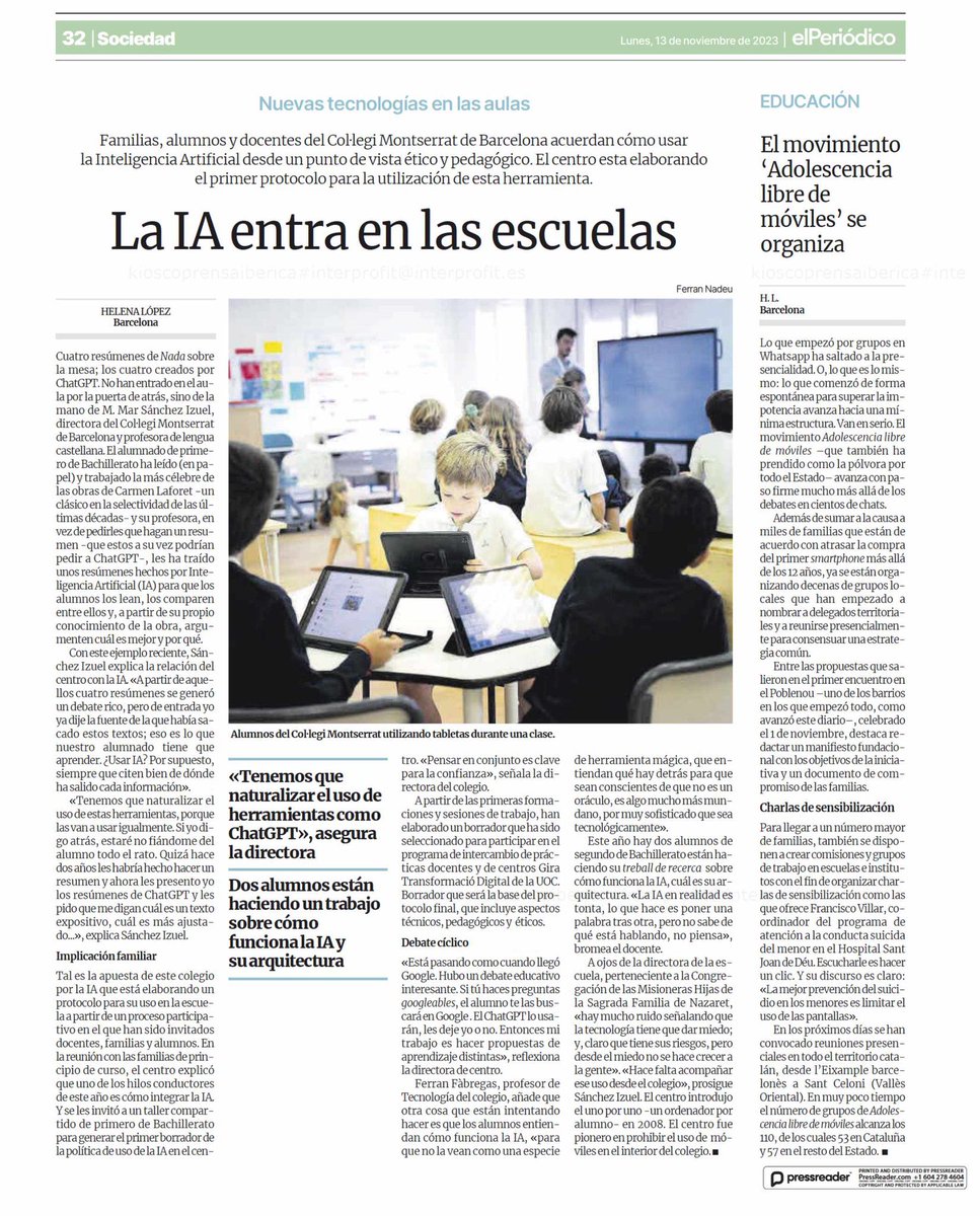 La #IA entra en las escuelas, via <a href="/elperiodico/">El Periódico</a> 
Contenta de poder compartir algo de lo mucho que se hace en <a href="/colemontse/">Col·legi Montserrat</a> cada día por acercar la educación al s.XXI y dar respuesta personalizada!