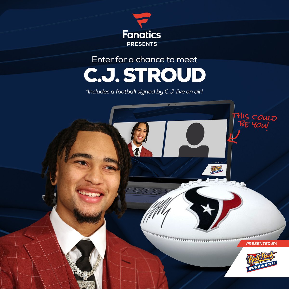 🚨Giveaway Alert🚨 <a href="/CJ7STROUD/">CJ Stroud</a> is appearing on our next #FanaticsPresents FanChats &amp; we are giving away a chance to meet C.J. &amp; receive a signed football.
To enter:
1. Follow <a href="/Fanatics/">Fanatics</a> &amp; <a href="/ballparkbuns/">Ball Park Buns</a>
2. Like &amp; tag a friend
3. Repost &amp; tell us your favorite tailgating memory