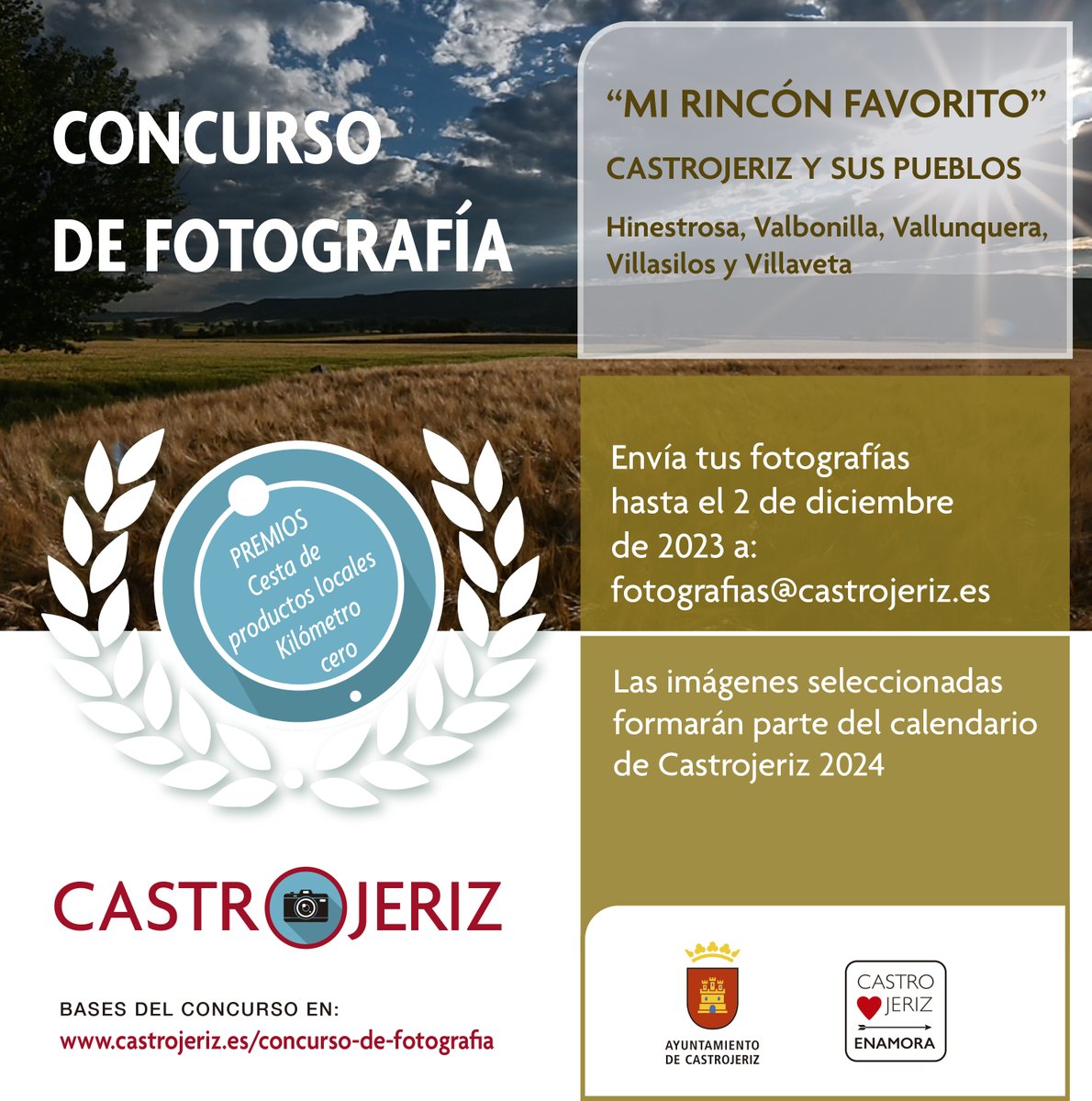 📢 ¡Atención amantes de la #fotografía! Hasta el 2 de diciembre podéis presentar una fotografía horizontal de #castrojeriz y sus pueblos a nuestro concurso #MiRincónFavorito 🏆 Premios: 12 cestas con productos locales y formar parte del calendario 2024 ℹ️castrojeriz.es/concurso-de-fo…