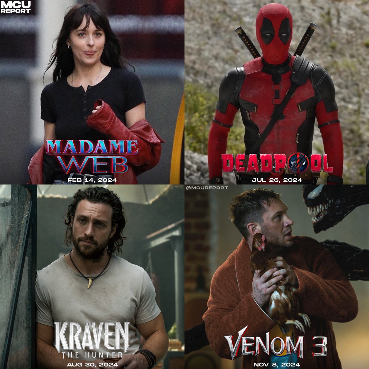 4 Marvel movies are currently set to release in 2024 🍿

• #MadameWeb — Feb 14, 2024
• #Deadpool3 — July 26, 2024
• #KravenTheHunter — Aug 30, 2024
• #Venom3 — Nov 8, 2024
