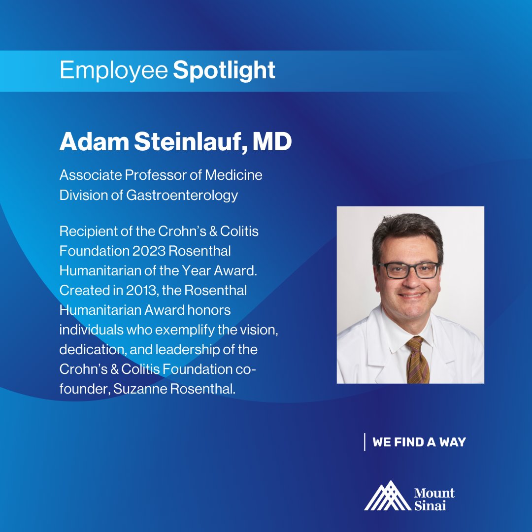Mount Sinai Department of Medicine (@domsinainyc) on Twitter photo Congratulations to Adam Steinlauf, MD, for receiving the prestigious 2023 Rosenthal Humanitarian of the Year Award from the Crohn's & Colitis Foundation. Thank you for your incredible contributions to the #IBD community, Dr. Steinlauf. <a href="/CrohnsColitisFn/">Crohn's & Colitis Foundation</a> <a href="/MountSinaiGI/">Mount Sinai Division of Gastroenterology</a> #IBDAdvocacy Congratulations to Adam Steinlauf, MD, for receiving the prestigious 2023 Rosenthal Humanitarian of the Year Award from the Crohn's & Colitis Foundation. Thank you for your incredible contributions to the #IBD community, Dr. Steinlauf. <a href="/CrohnsColitisFn/">Crohn's & Colitis Foundation</a> <a href="/MountSinaiGI/">Mount Sinai Division of Gastroenterology</a> #IBDAdvocacy