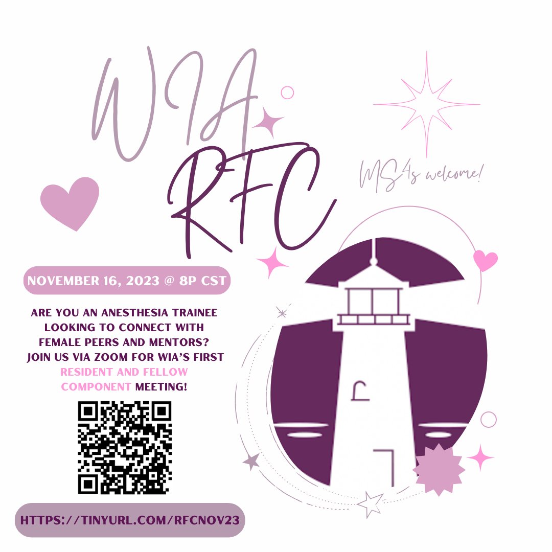Are you a woman or gender non-conforming #anesthesiology resident, fellow, or MS4? Come join our virtual networking event to connect with female/GNC peers and mentors! This Thursday 11/16 at 8 PM CST at tinyurl.com/rfcnov23.