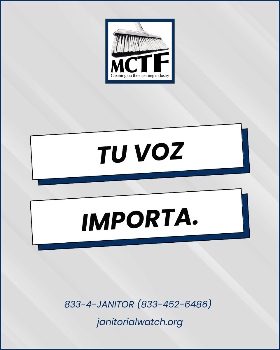 MCTF_official's tweet image. 🗣️Tu voz es poderosa. Denuncia el acoso, alza tu voz y protege tus derechos. MCTF está aquí para amplificar tu voz. 

📞Llámanos al 833-4-JANITOR. En equipo, podemos crear un lugar de trabajo más seguro.

#MCTFSupport #MCTF #JanitorialWatch #Janitors #California