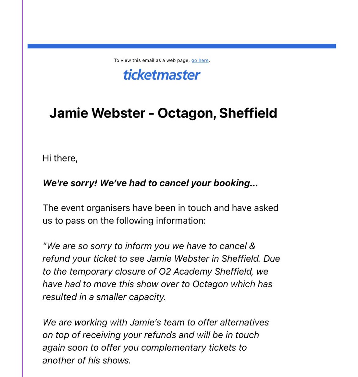 Dlivingstone80's tweet photo. @JamieWebster94 gutted that we got bumped to see you tomorrow. It was going to be my first concert with my two boys 😔 look forward to seeing you at another venue! https://t.co/yN1u5pALAe