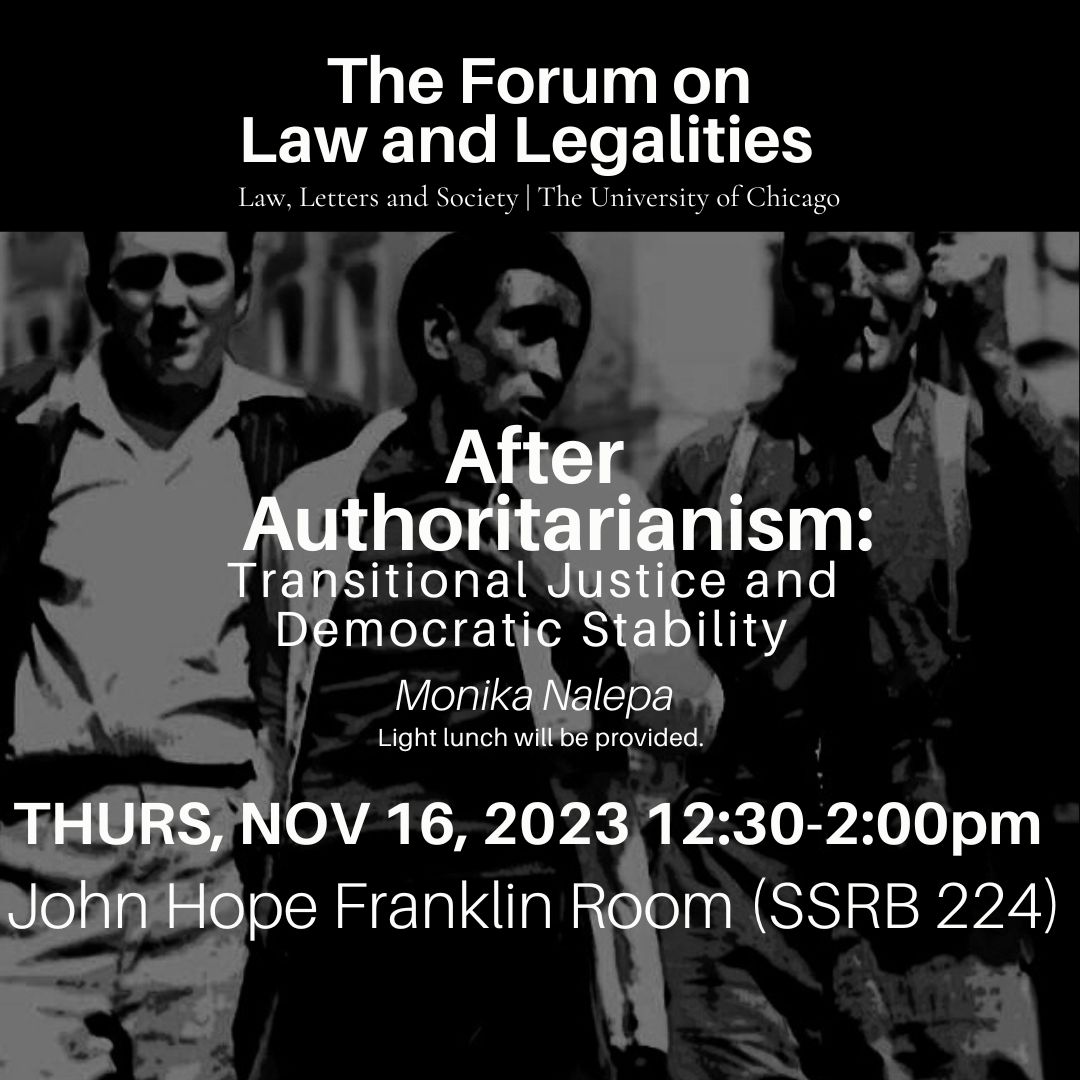The Forum on Law and Legalities welcomes <a href="/monika_nalepa/">Monika Nalepa</a> to discuss her book "After Authoritarianism" in the John Hope Franklin Room at 12:30pm tomorrow. We hope to see you there!