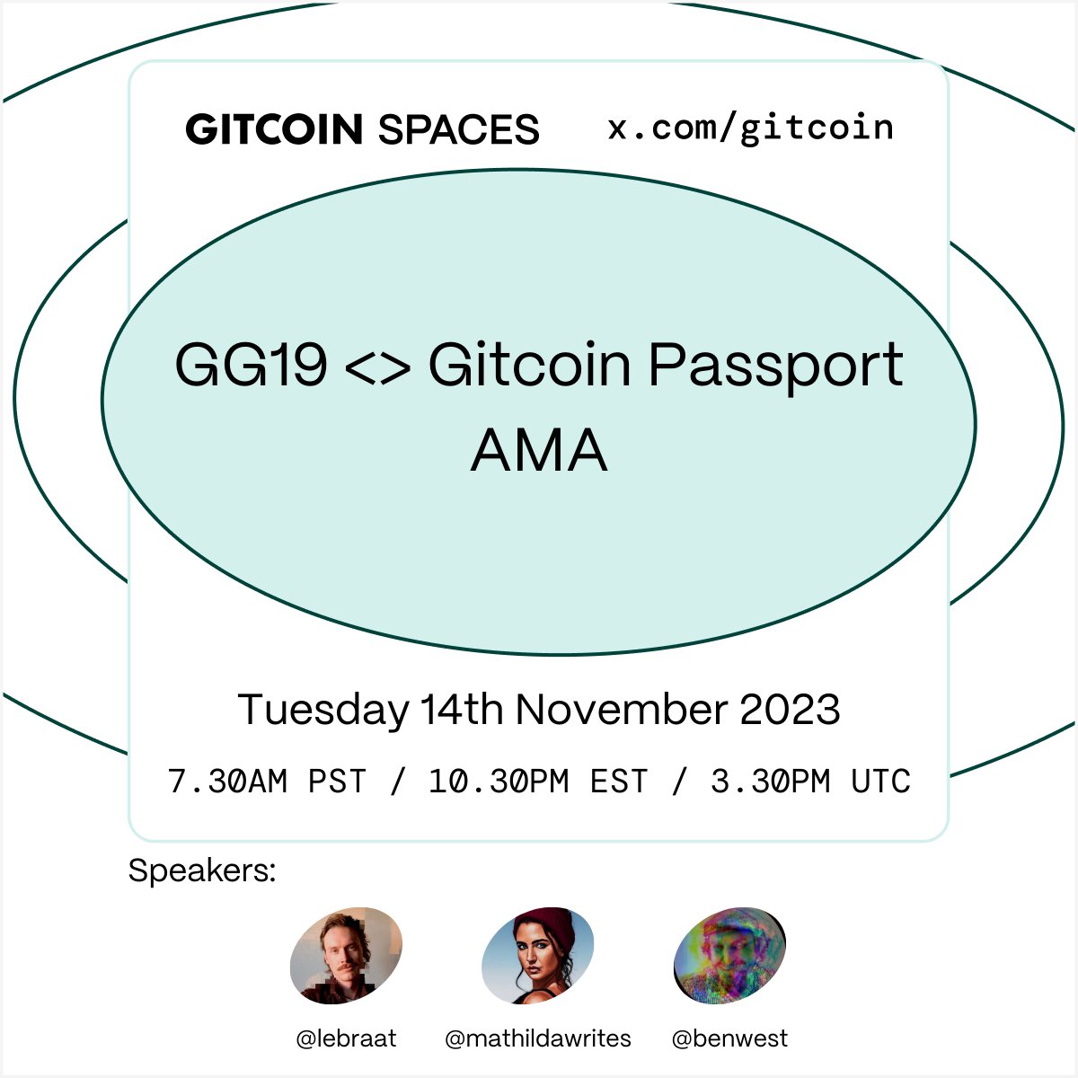 gitcoin's tweet image. Join us tomorrow for a #GG19 AMA with the @gitcoinpassport team! Hosted by @BenWest &amp;amp; @mathildawrites, joined by @lebraat 🛡️ We&apos;ll be covering the updated matching sliding scale and any other questions you might have! 

Set reminders here: