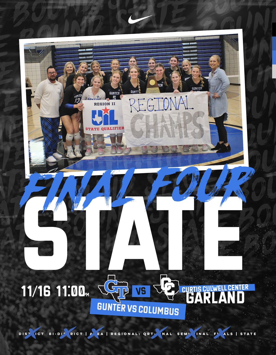 Gunter Volleyball (@guntertigervb) on Twitter photo Let’s run it back!
STATE BOUND🏆
Gunter Nation, we can’t wait to see you Thursday at the Curtis Culwell Center! Let’s run it back!
STATE BOUND🏆
Gunter Nation, we can’t wait to see you Thursday at the Curtis Culwell Center!