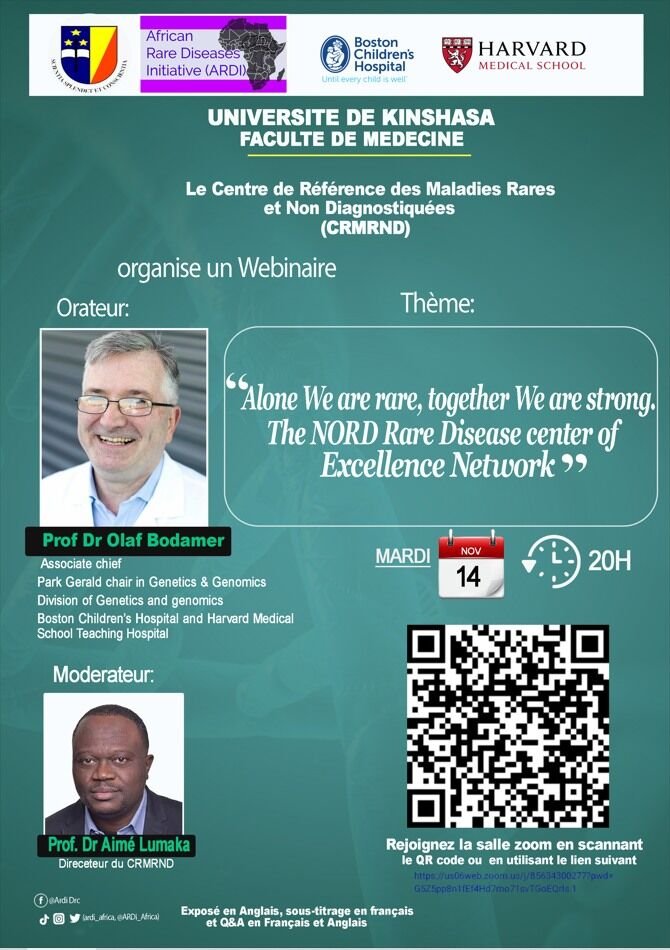 'Alone we are rare, together we are strong. The NORD Rare Disease Center of Excellence Network' The webinar will focus on the NORD Rare Disease Center of Excellence Network. The speaker will be Professor Olaf Bodamer and the moderator, Professor AIME LUMAKA #UDNI Join us !!