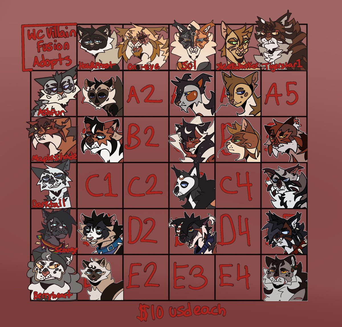 manthemoth's tweet image. Updated grid! 11 slots left! Here’s some examples of finished designs! 

P//ay//ment via P//ay//Pal after I send you the colored concept sketch! 🫶
#adopts #fusiongrid #digitalart #warriors #warriorcats #comm