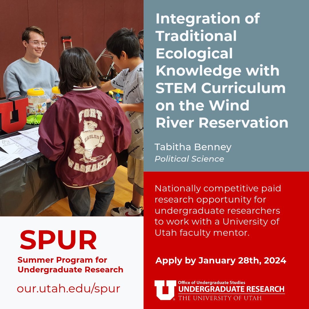 Undergrad Research (@uofuour) on Twitter photo Attention students! Apply to be an OUR 2024 SPUR Scholar for an intensive 10 wk, full-time summer research experience w/ a U of U faculty, including this project w/ Tabitha Benney & @uofucsbs @uofupoliscience: our.utah.edu/spur/integrati…
Apply for #SPUR2024: utah.infoready4.com/#undergraduate Attention students! Apply to be an OUR 2024 SPUR Scholar for an intensive 10 wk, full-time summer research experience w/ a U of U faculty, including this project w/ Tabitha Benney & @uofucsbs @uofupoliscience: our.utah.edu/spur/integrati…
Apply for #SPUR2024: utah.infoready4.com/#undergraduate