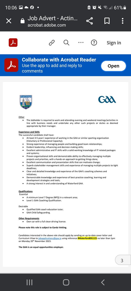 ⚪🔵 FÒGRA - VACANCY ⚪🔵

Acting Head of Games Development, <a href="/WaterfordGAA/">Waterford GAA</a>

Deadline for receipt of applications is Monday November 20th @ 1pm 

Great opportunity to join the #DèiseÒg team, if you have what it takes why not apply via the link below 👇🏑🏐

acrobat.adobe.com/link/track?uri…