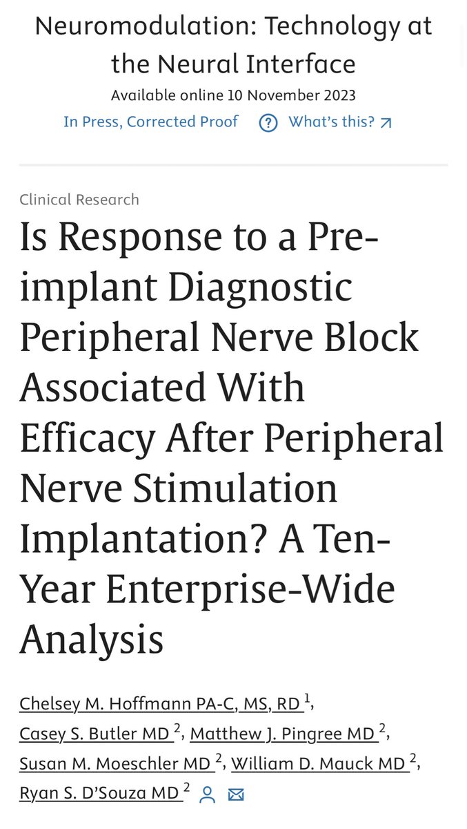 📰 Exciting News! 🌐 Our latest paper is out
🩹 Diagnostic block ≠ superior pain relief at 3/6 month post PNS implantation
🔍 Diagnostic block may predict short-term relief with temporary PNS
❌ Diagnostic block relief ≠ relief from permanent implant
#Neuromodulation