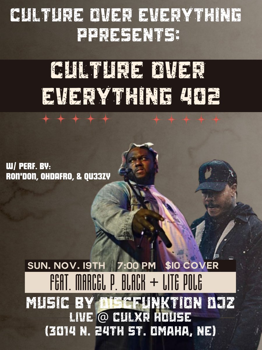 Making my return to Omaha, Nebraska this Sunday November 19th for #CultureOverEverything402 <a href="/Culxrhouse/">Culxr House</a>!!!

Excited to be rocking with <a href="/LPunplugged/">Lite Pole (LP)</a> once again, looking forward to link with <a href="/Ron_Don402/">Ron’Don🧘🏽‍♂️</a> <a href="/ohdafro/">Ohdafro</a> &amp; <a href="/qu33zy/">Marquise Marshall</a> for the first time.

got <a href="/funktion_z/">DiscFunktionDjZ</a> on the tables!!!