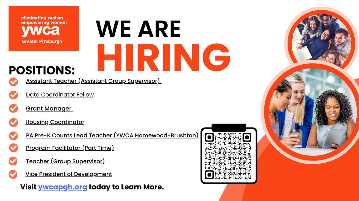 YWCA Greater Pittsburgh is Hiring! Please visit ow.ly/8v1l50Q78eJ to learn more and apply today!